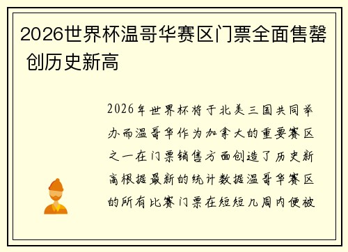 2026世界杯温哥华赛区门票全面售罄 创历史新高